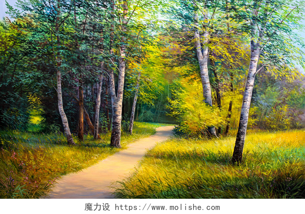夏日阳光下的森林小路夏日林路，油画画布